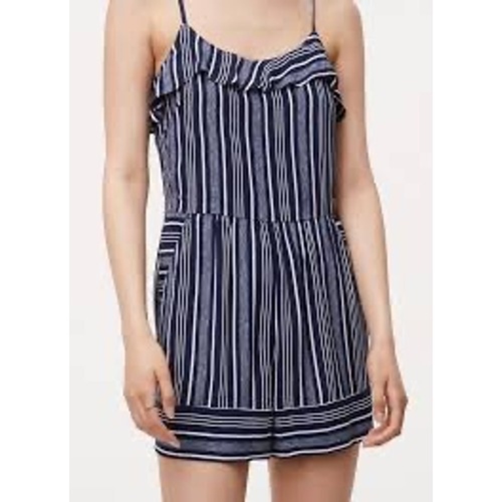 Ann Taylor LOFT Petites Striped Ruffle Romper Size 2P Nautical Navy Pockets
